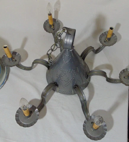 Punched Tin Chandelier Colonial Style Light Fixture Farmhouse Witch Hat Hearts Cover