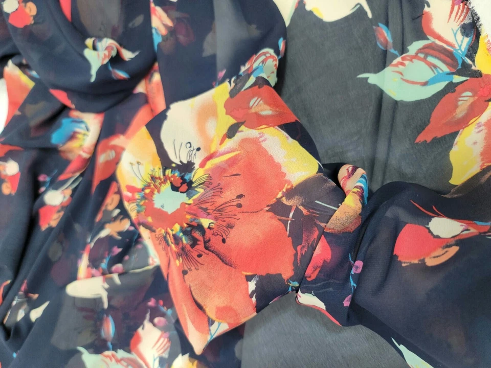 Navy Blue Chiffon Fabric By The Yard Multi Color Floral Red Yellow - Image 1 of 4