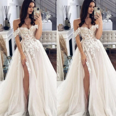 Sweetheart Wedding Dresses With Slit Off The Shoulder A Line Lace Bridal Gowns - Image 1 of 4