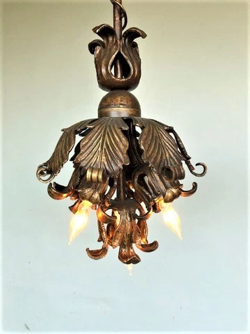 Art Nouveau Ceiling Fixture 5 light, Rare Design Size 120volt. Signed J-Art Iron Cover