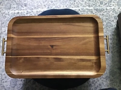 Better Homes & Gardens Acacia Wood Rectangle Tray w/ Gold Color Handles 22”x13” - Image 1 of 2