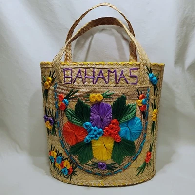 Bolsa de praia forrada de palha Bahamas grande feita à mão design floral 15x14x8 - Imagem 1 de 4