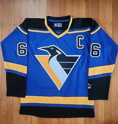  Camiseta deportiva vintage para hombre Starter Pittsburgh Penguins MARIO LEMIEUX azul hockey 48  Foto 1 de 4