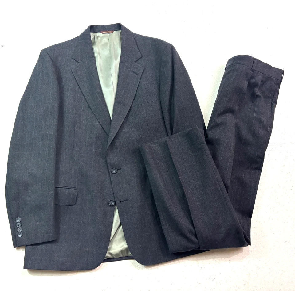 vtg 90s Cricketeer 42L 36x32 2pc Pant Suit Charcoal Windowpane Flannel Wool USA - Image 1 of 4