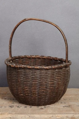 19TH C NEW ENGLAND SHAKER STYLE SPLINT BASKET 8” ORIG BROWN PAINT AAFA - Image 1 of 4
