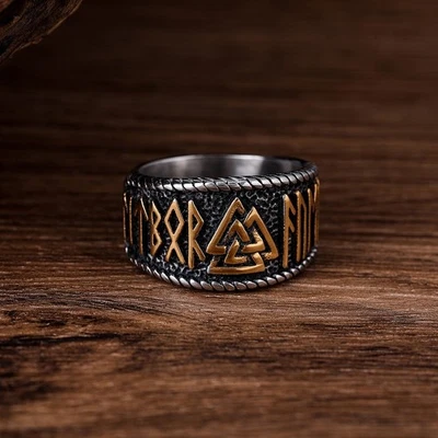 Anillo rúnico nórdico vikingo para hombre - runas chapadas en oro, banda de acero inoxidable Foto 1 de 4