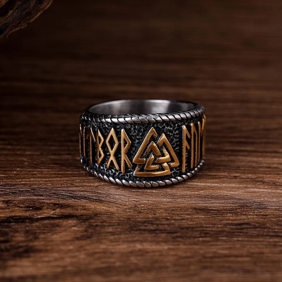Anillo rúnico nórdico vikingo para hombre - runas chapadas en oro, banda de acero inoxidable Foto 1 de 4