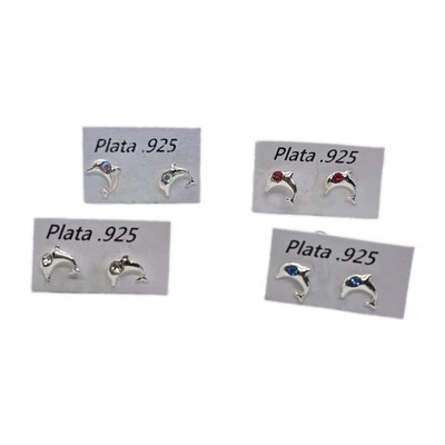 Arete Broquel Stud Earrings Tiny Dolphin CZ Plata 925 Mex. Sterling Silver 5 mm - Image 1 of 2