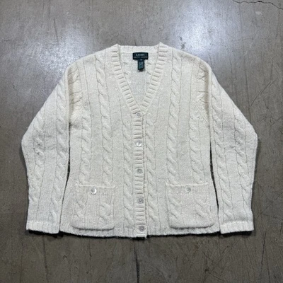 Suéter Lauren Ralph Lauren Mujer Mediano Crema Lana Cable Tejido Botón Cárdigan Foto 1 de 4