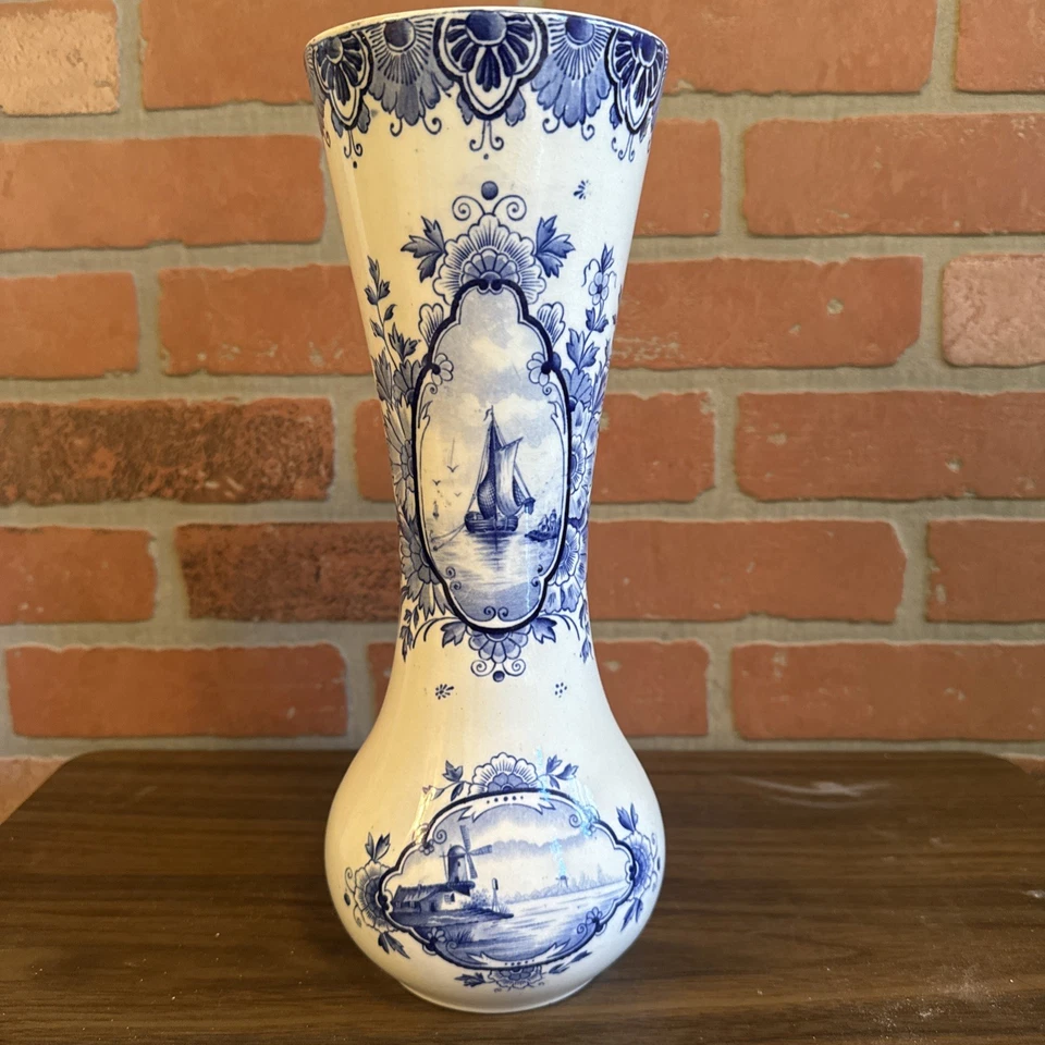Vintage Delft  Blue and White Vase Windmill Sailboat Flowers- 12-1/2" - Image 1 of 4