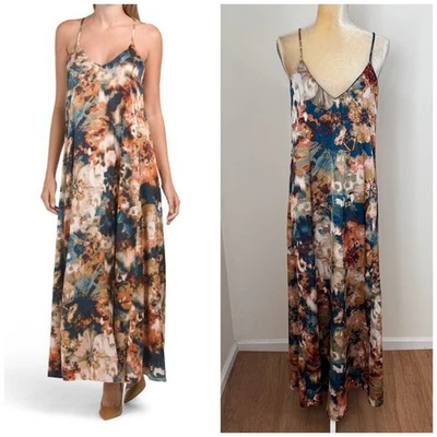 Nicole Miller New York Satin Floral Print Maxi Dress Size M Brown Blue Multi - Image 1 of 4