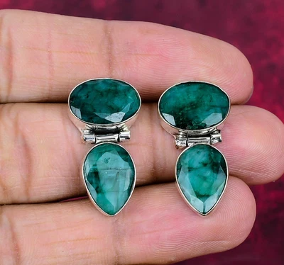 Emerald Gemstones Handmade 925 Sterling Silver Lab-Created Earrings Jewelry - Image 1 of 4