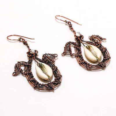 Pendientes de cobre concha de Cowrie concha de alambre hechos a mano envoltura regalo joyería 3,1" Foto 1 de 4