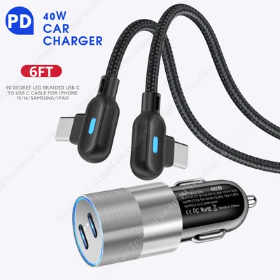 Adaptador Cargador Coche Doble Tipo C Para iPhone 15 16 Android Samsung PD USB C Cable Foto 1 de 4