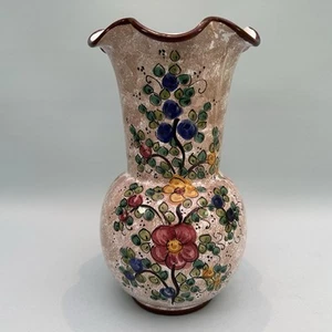 Vintage Large Deruta Italy Handpainted Vase Wavy Top Floral Flower Design - Picture 1 of 12