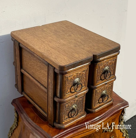 Vintage French Country Quarter Sawn Oak Table Top Storage 4 Drawers Cabinet Cover