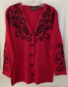 Vintage Carol Little Red Cardigan Career Small Black Beading And Blk Yarn Swirls - Picture 1 of 10
