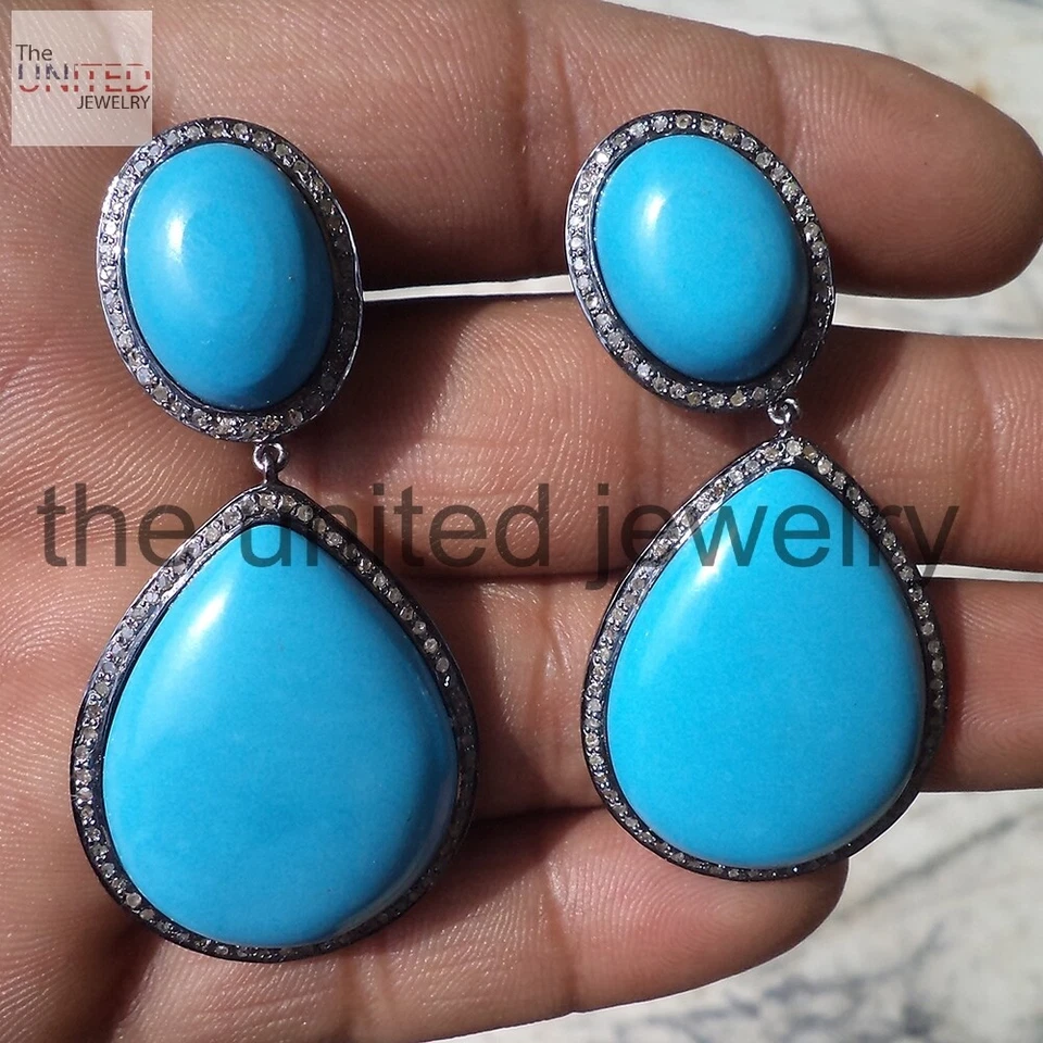 Pendientes colgantes de plata de ley 925 con pavé de diamantes en forma de pera turquesa, Omega Foto 1 de 2