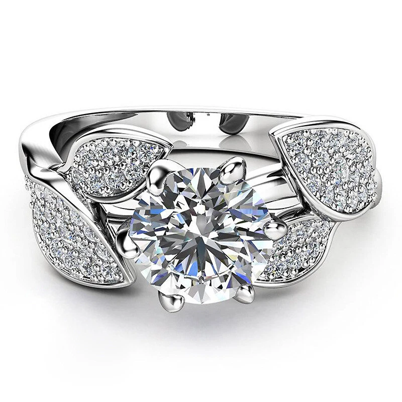 925 Placcato Argento Lucente Fiore Foglia Coppia Anelli Cristallo, Fidanzamento - Immagine 1 di 1