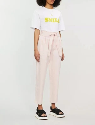 Sandro Paris 42 Tod Belted Cotton Linen Twill Tapered Paperbag Pants Rose💖NWT - Image 1 of 4