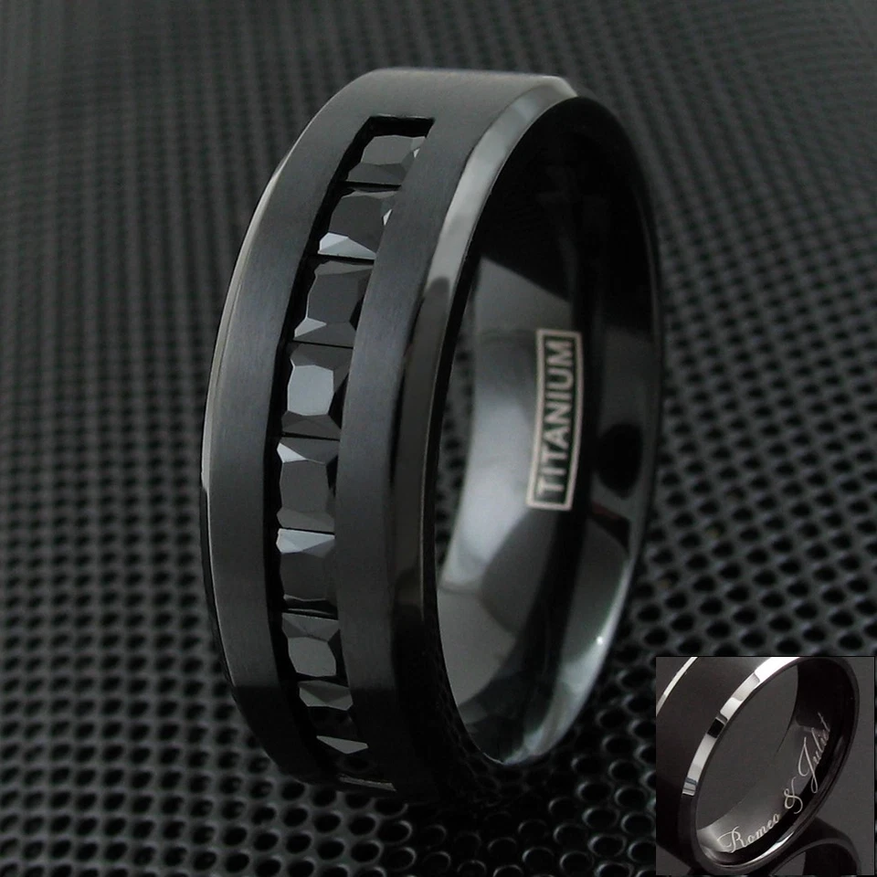 Engraved Black Titanium Men's 1.8 Carat Black Princess Cut CZ Wedding Band Ring - Image 1 of 1