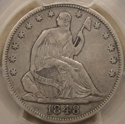 Сертифицированная PCGS монета номиналом 50 центов 1848-O с изображением сидящей Свободы VF35 - Изображение 1 из 4