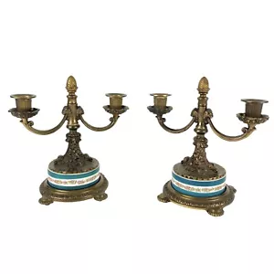 Brass Candelabra Porcelain Base Set 2 Roses Pinecone Vintage French 8” Tall - Picture 1 of 9