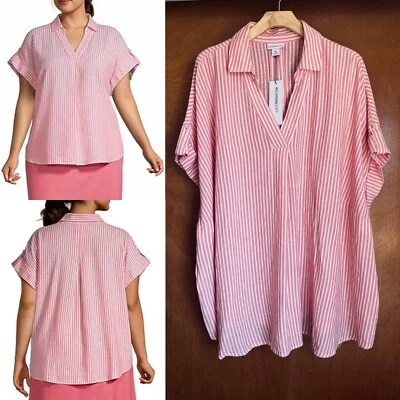 LIZ CLAIBORNE 100% Linen Popover Top 4X Coral White Striped Dolman Short Sleeve - Image 1 of 4