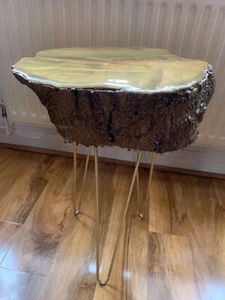 Handmade Rustic Tree Trunk Side Table - Gold Resin with Cogs on top. Hairpin leg - Picture 1 of 10