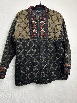Chaqueta Suéter Diseño Islandés Talla L Cremallera Completa Forrada Bordada 100% Lana Abuela Foto 1 de 4
