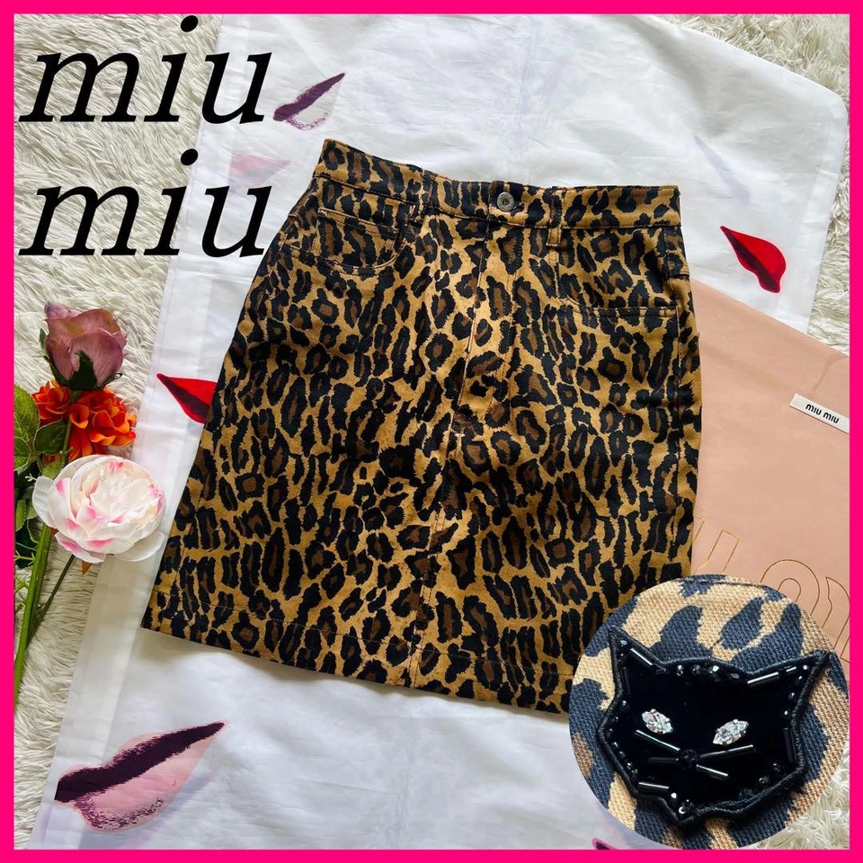 MIU MIU Skirt Leopard Print Denim Size S Knee Length Brown - Image 1 of 4