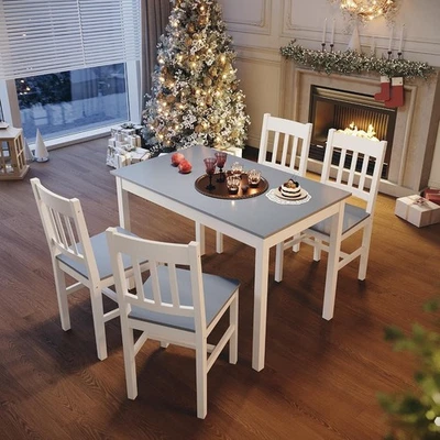 Solid Pine Wood Rectangular Dining Table & 4 Chairs Set - Grey Kitchen - Image 1 of 4