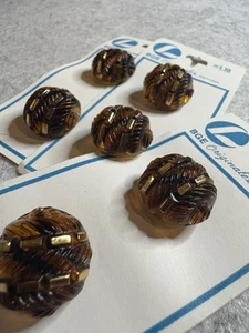 LOT OF 6 Vintage Glass BUTTONS MOLDED GLASS FAUX TORTOISE SHELL AMBER BGE CARDS - Picture 1 of 4