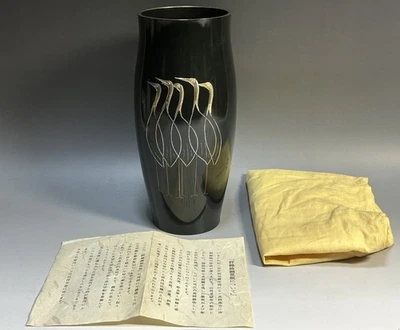 Jarrón Ikebana 269 japonés de colección firmado bronce plata mezcla metal grúa pájaro Art Deco Foto 1 de 4