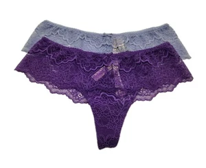 Set Of 2 Victoria's Secret Womens Size XS Wide Side Thong Lace Purple Panties - Picture 1 of 6