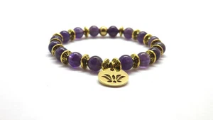 Bracelet perles améthyste Naturelles lotus acier inoxydable lithothérapie - Imagen 1 de 3