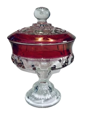 Tiffin Franciscan Kings Crown Ruby Flash Thumbprint Glass Compote Candy With Lid - Image 1 of 4
