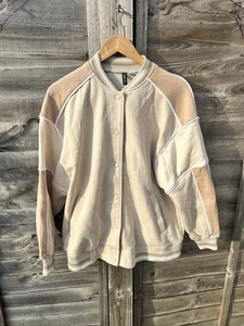 H&M Beige Varsity Bomber Jacket Size Small Pastel Pink Colours - Picture 1 of 16
