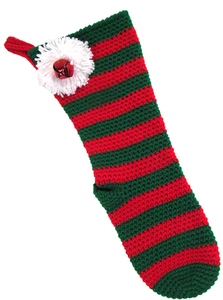 Weihnachtsstrumpf rot grün Streifen Bommel Jingle Bell 17" Handarbeit gehäkelt C7 - Bild 1 von 6