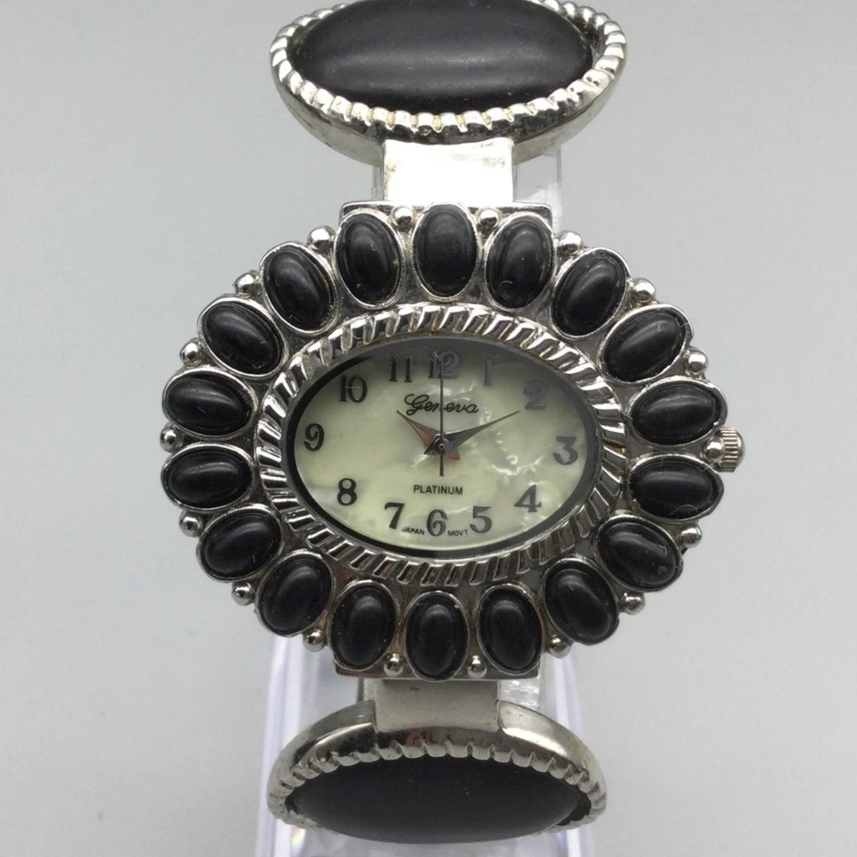 Geneva Platinum Cuff Bracelet Watch Womens Black Cabochon MOP New Battery - Image 1 of 4