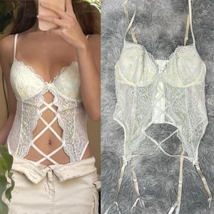 Vintage Y2K Victoria’s Secret Criss Cross Lace Up Garter Strappy Corset 36B - Picture 1 of 9