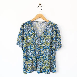 Fat Face Blue Savannah Aztec Texture Blouse Size 14 Short Sleeve Viscose - Picture 1 of 23
