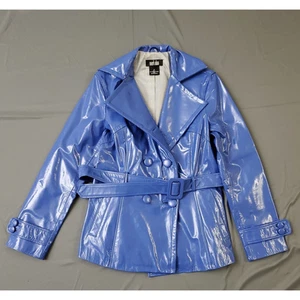 VINTAGE Mark Alan cappotto donna M cintura trench vernice 100% vera pelle blu - Foto 1 di 12