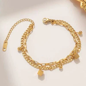 Bracciale Donna Acciaio Inox Placcato Oro Cubi Scatola Curb Catena Braccialetto 7,9'' - Foto 1 di 6