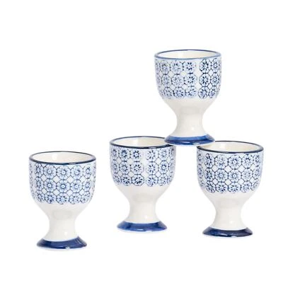 4x Hand Printed Porcelain Egg Cups Ceramic Breakfast Hard Soft Boiled 5.5cm Navy - image 1 of 4