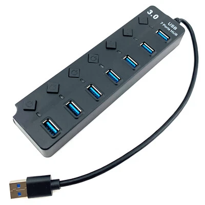 USB 3.0 Hub 7 Ports Expansion Power Switch 5V Charging Data PC Laptop Adapter - Image 1 of 4
