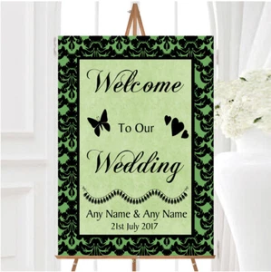 Grün Schwarz Damast Diamant Personalisiert Jeder Wortlaut Willkommen Hochzeit Schild - Bild 1 von 1