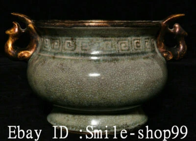 8.6" Antiguo Horno Ru Dinastía Qing Porcelana Dorado Pájaro Fénix Quemador de Incienso Censario Foto 1 de 4