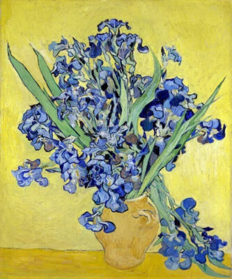 VASE WITH IRISES AGAINST A YELLOW BACKGROUND PAINTING BY VINCENT VAN GOGH REPRO - Image 1 of 3