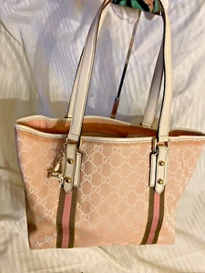 Authentic GUCCI GG Canvas Sherry Line Tote Bag Pink Khaki w/Leather Trim - Picture 1 of 15